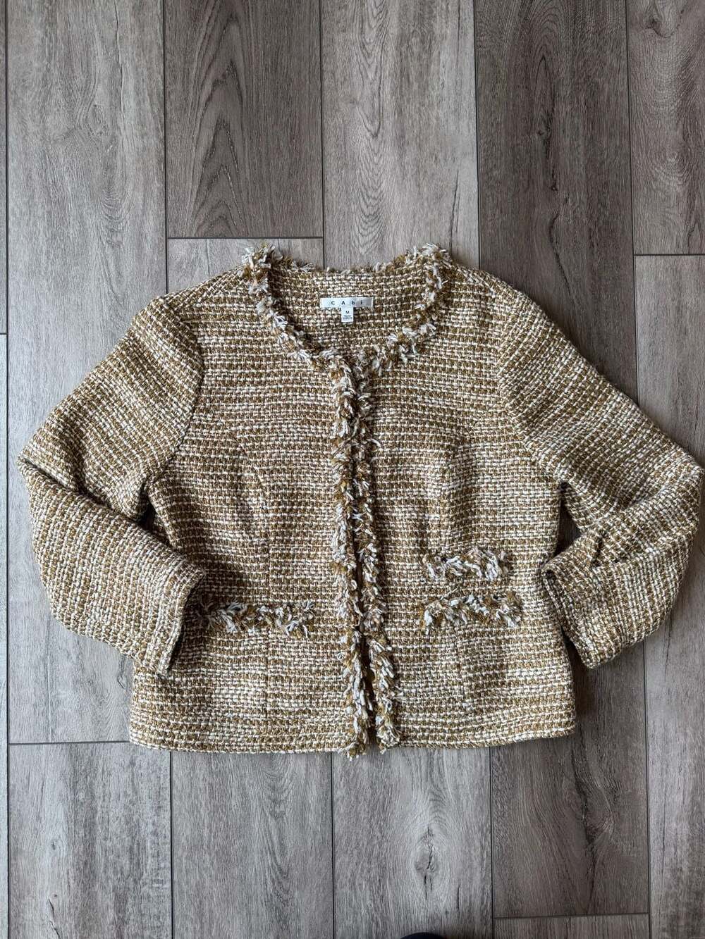 Cabi Phoebe Tweed Jacket Size M Gold Metallic Fringe Trim